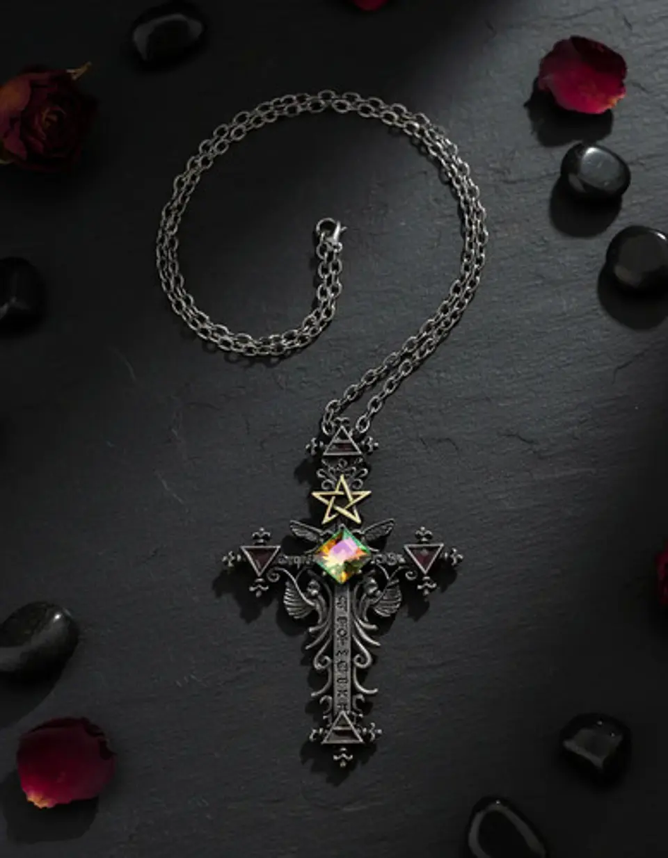 Collar Cruz Pentagrama Gótico Cristal Cz Para Hombre Mujer  6