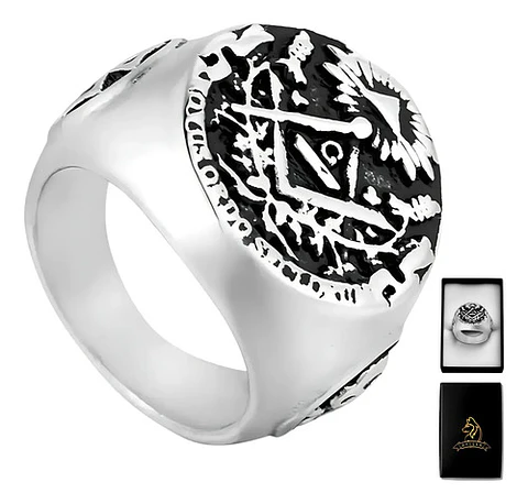 Anillo Para Hombre De Acero Color Plata Simbolo Mason Cráneo