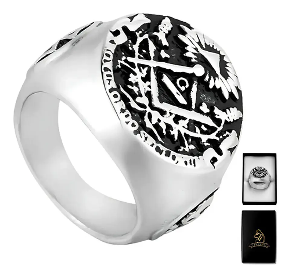 Anillo Para Hombre De Acero Color Plata Simbolo Mason Cráneo 1