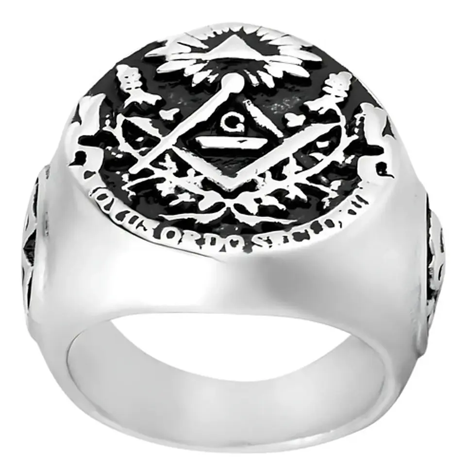 Anillo Para Hombre De Acero Color Plata Simbolo Mason Cráneo 2