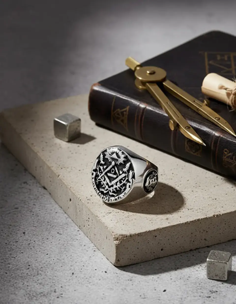 Anillo Para Hombre De Acero Color Plata Simbolo Mason Cráneo 6