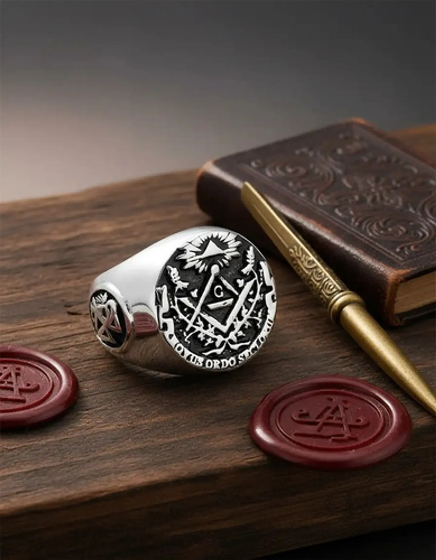 Anillo Para Hombre De Acero Color Plata Simbolo Mason Cráneo 7