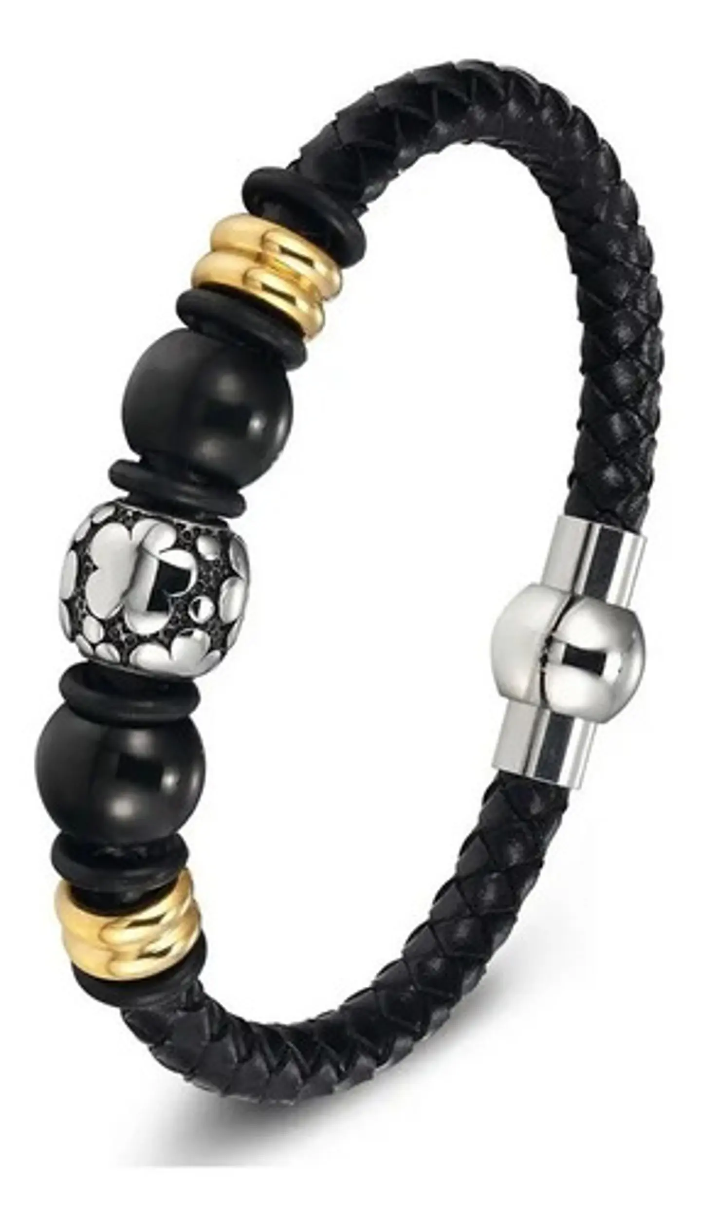 Brazalete Pulsera Cuero Acero Inoxidable Color Negro Hombre 1