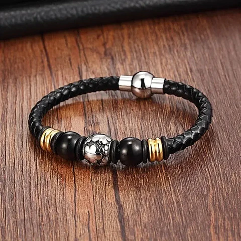 Brazalete Pulsera Cuero Acero Inoxidable Color Negro Hombre