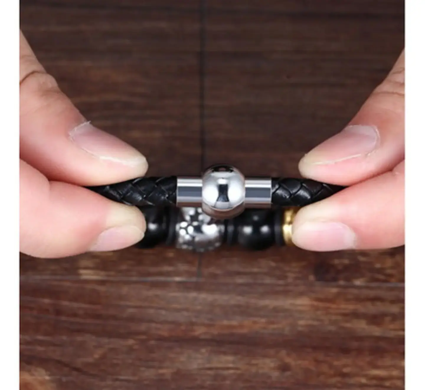 Brazalete Pulsera Cuero Acero Inoxidable Color Negro Hombre 4