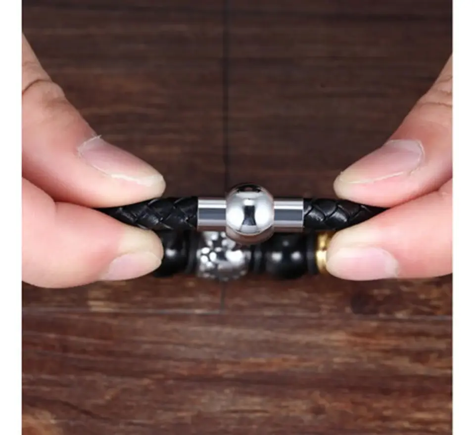Brazalete Pulsera Cuero Acero Inoxidable Color Negro Hombre 4
