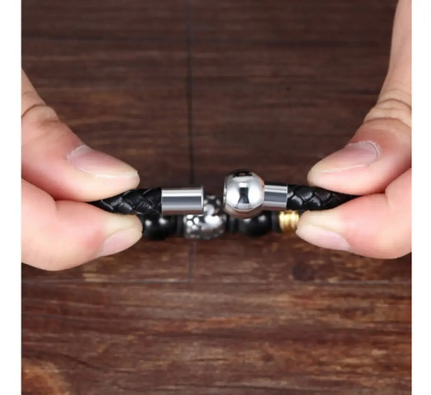 Brazalete Pulsera Cuero Acero Inoxidable Color Negro Hombre 5