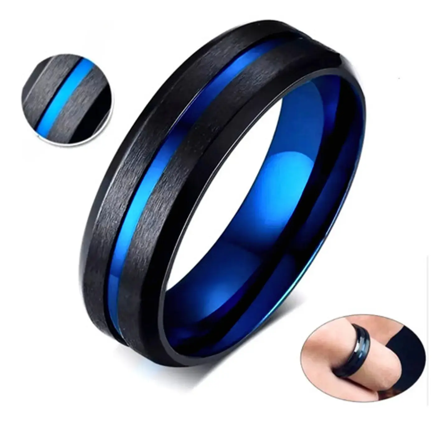 Anillo Argolla Acero Inoxidable Color Negro Azul Para Hombre 1