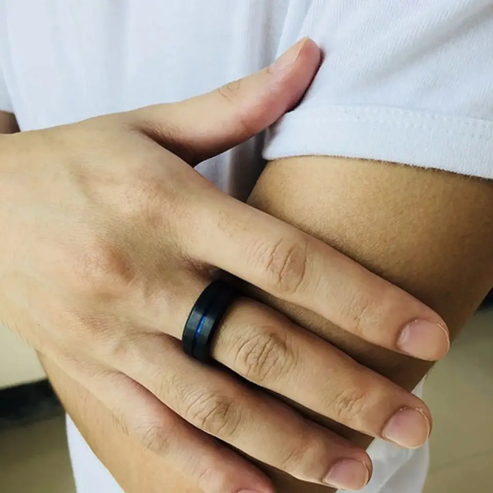 Anillo Argolla Acero Inoxidable Color Negro Azul Para Hombre 16
