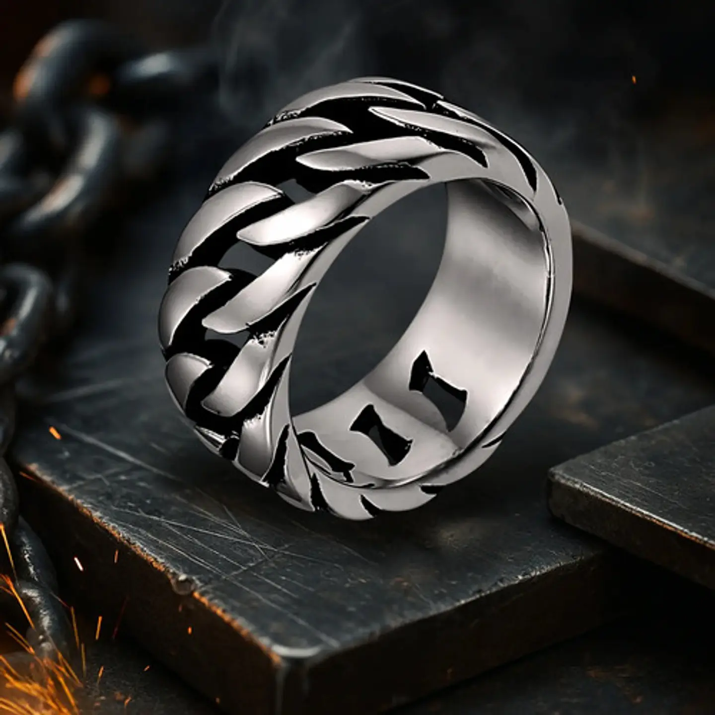 Anillo Para Hombres Forma De Cadena Biker Acero Color Plata 12