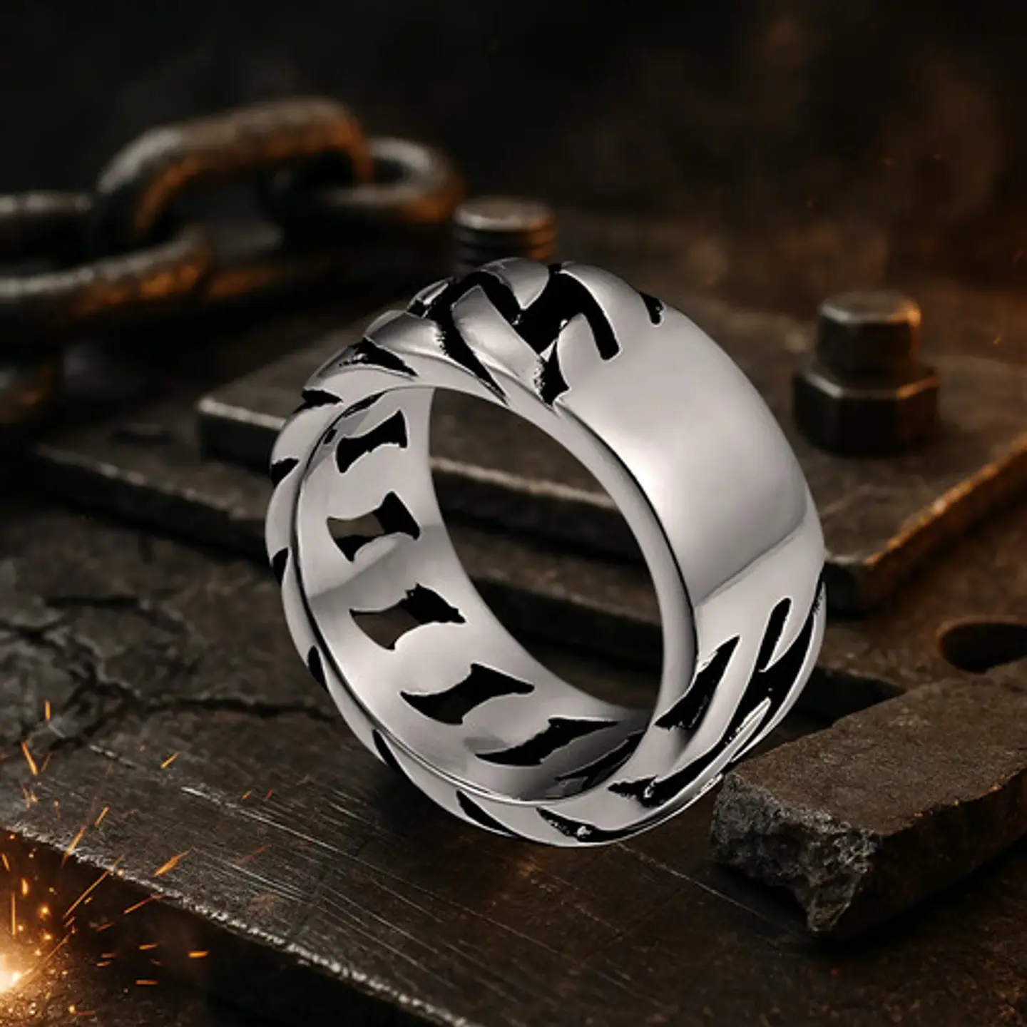 Anillo Para Hombres Forma De Cadena Biker Acero Color Plata 13