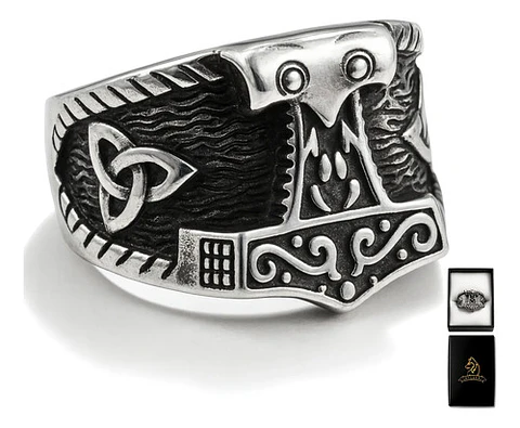 Anillo Vikingo Odín Thor Color Plata Acero Inoxidable Hombre