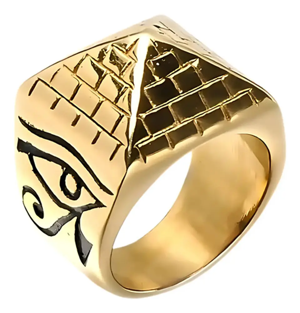 Anillo Acero Inoxidable Pirámide Horus Ojos Anubis Hombre 1