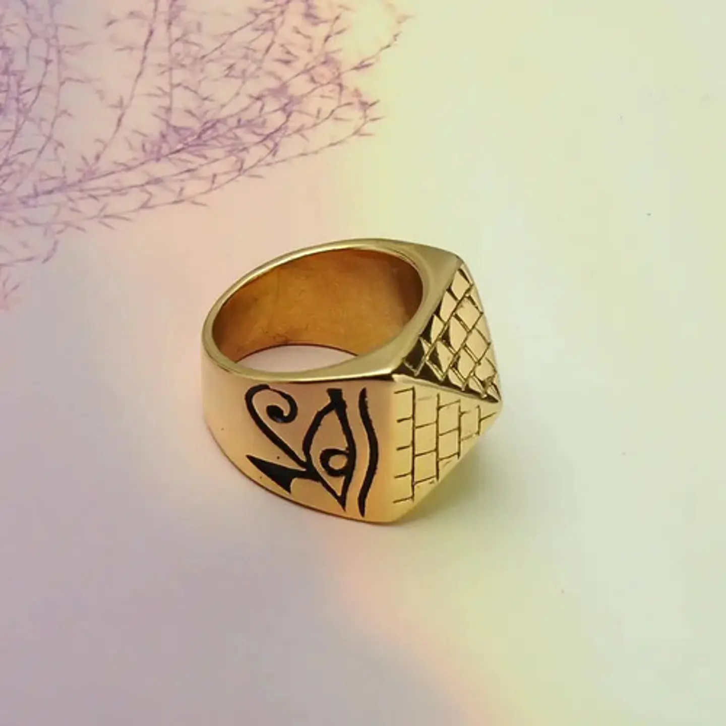 Anillo Acero Inoxidable Pirámide Horus Ojos Anubis Hombre 4