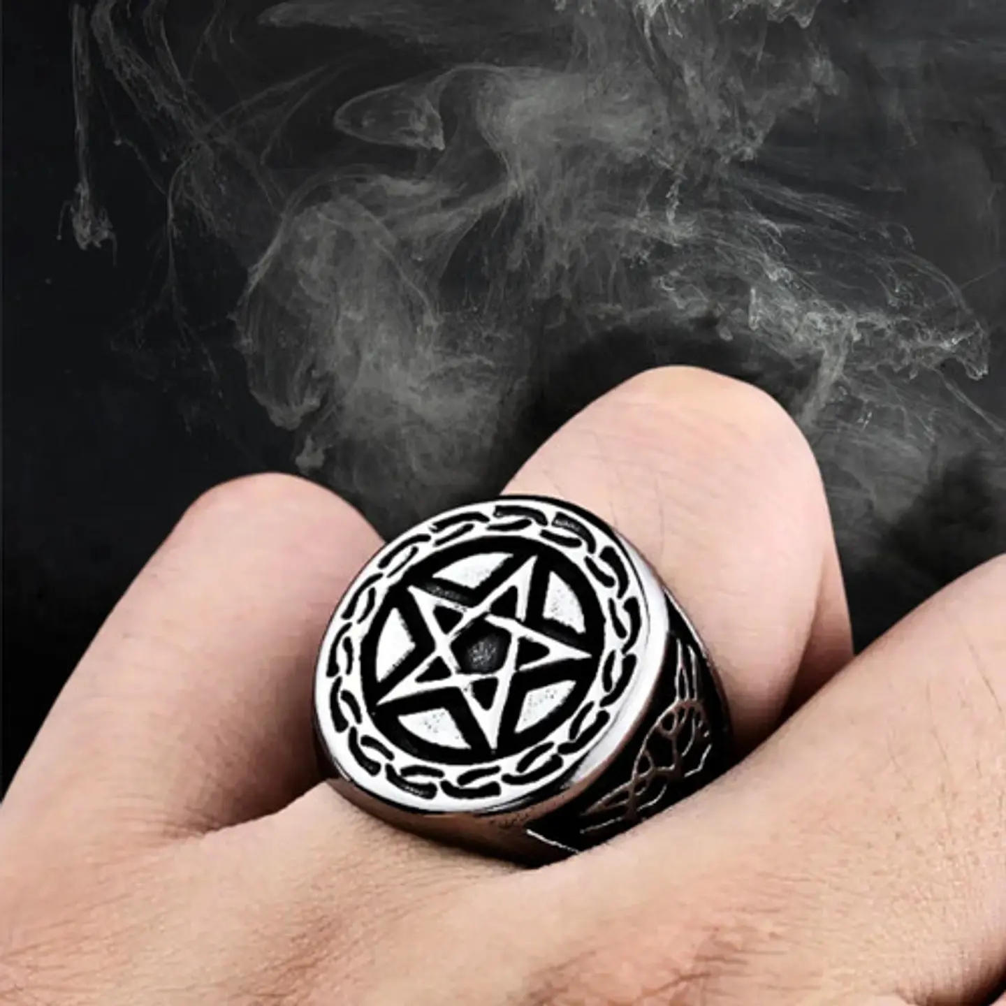 Anillo Acero Inoxidable Estrella Pentagrama Vikingo Hombre 9