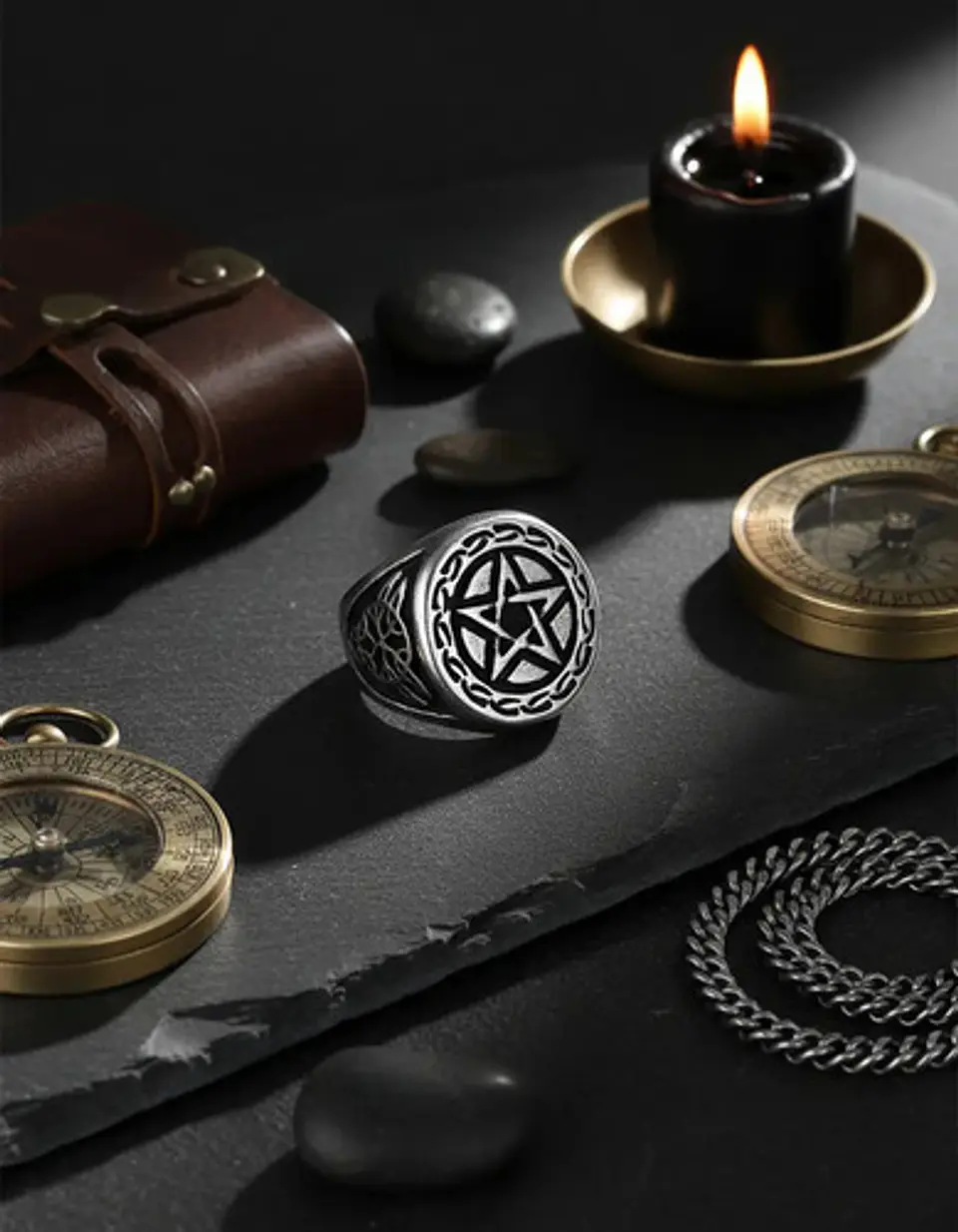 Anillo Acero Inoxidable Estrella Pentagrama Vikingo Hombre 13