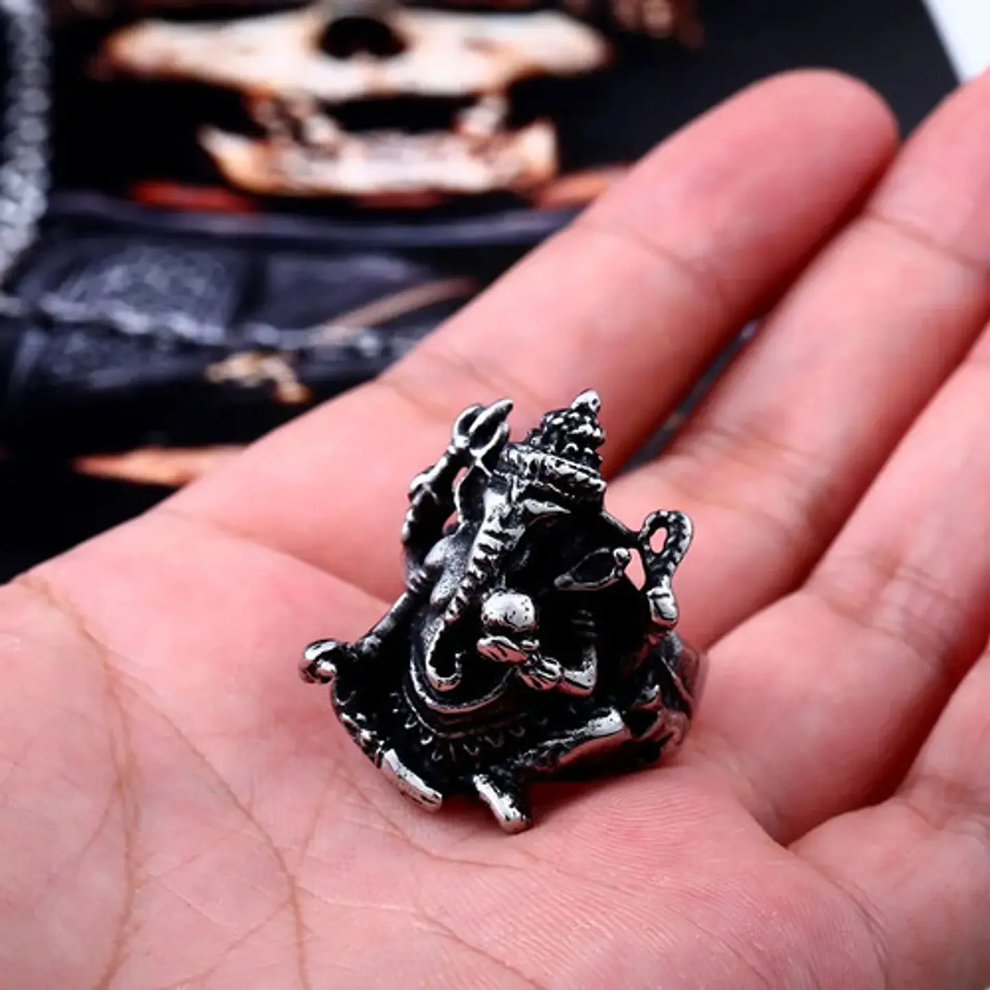 Anillo Color Plata Acero Inoxidable Ganesh Zen Buda Hombre 8