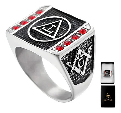 Anillo Acero Inoxidable Mason Piedra Roja Color Plata Hombre