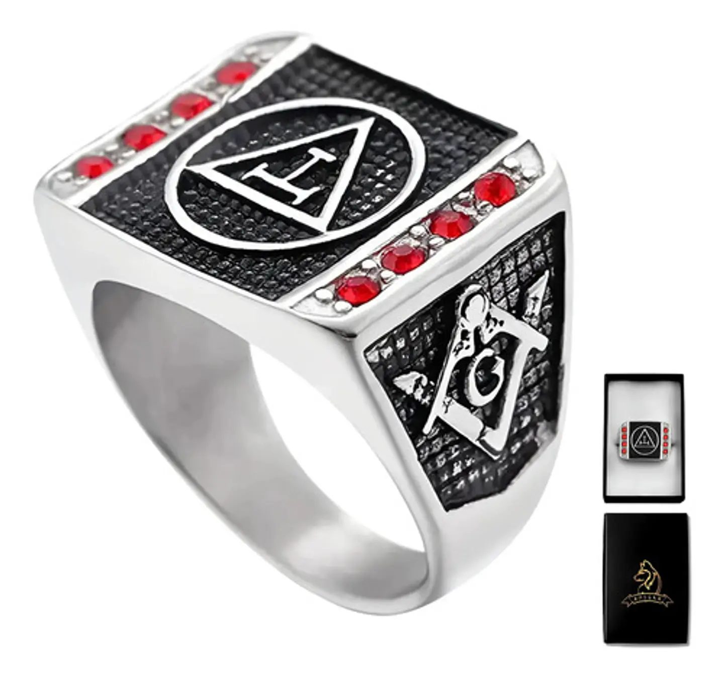 Anillo Acero Inoxidable Mason Piedra Roja Color Plata Hombre 1