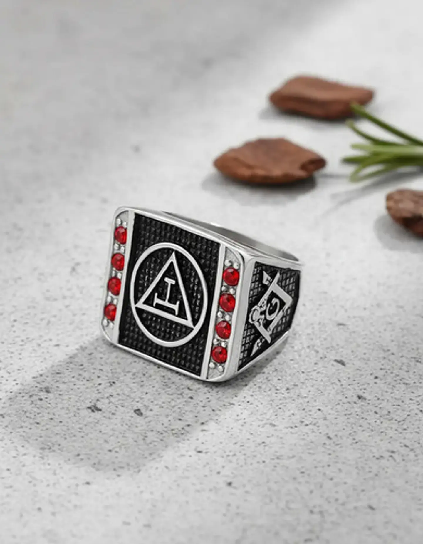 Anillo Acero Inoxidable Mason Piedra Roja Color Plata Hombre 4