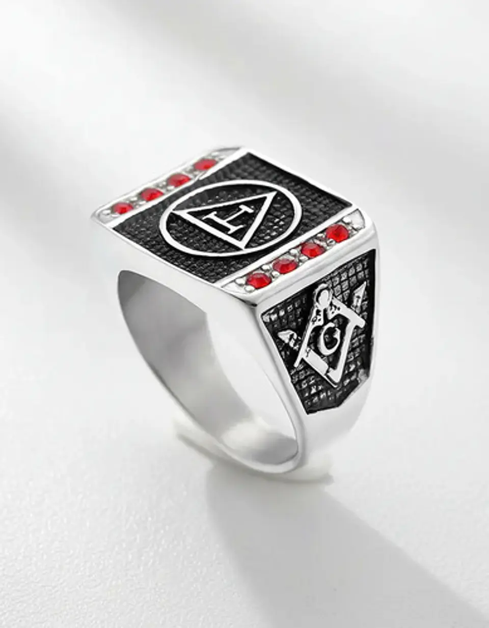 Anillo Acero Inoxidable Mason Piedra Roja Color Plata Hombre 5