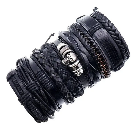 Set 10 unds Manillas de cuero para hombre Pulsera Calavera Craneo