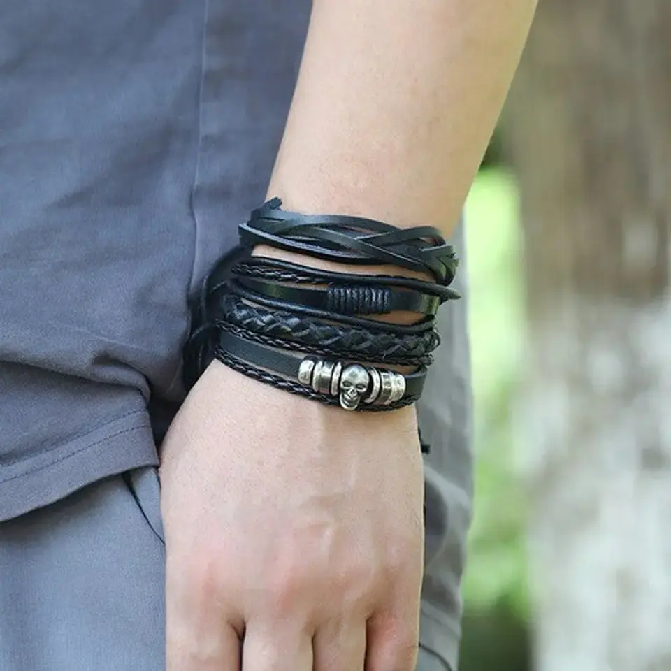 Set 10 unds Manillas de cuero para hombre Pulsera Calavera Craneo 2