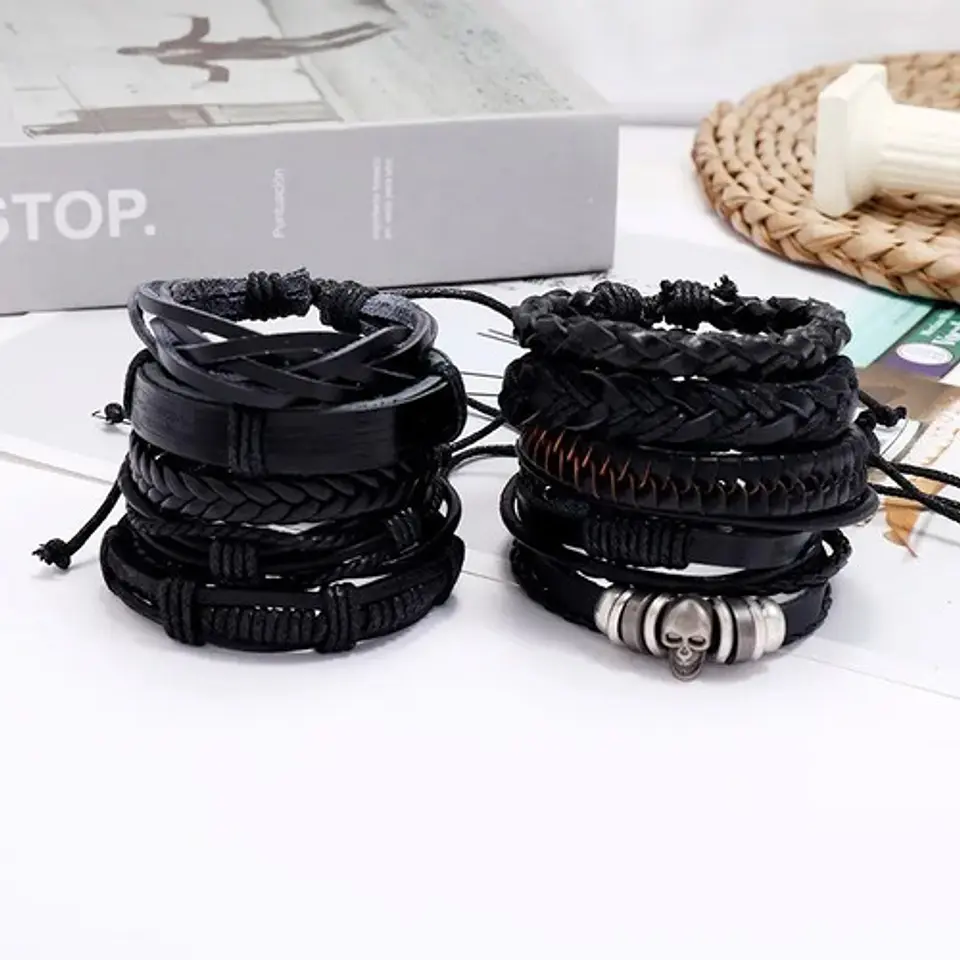 Set 10 unds Manillas de cuero para hombre Pulsera Calavera Craneo 3