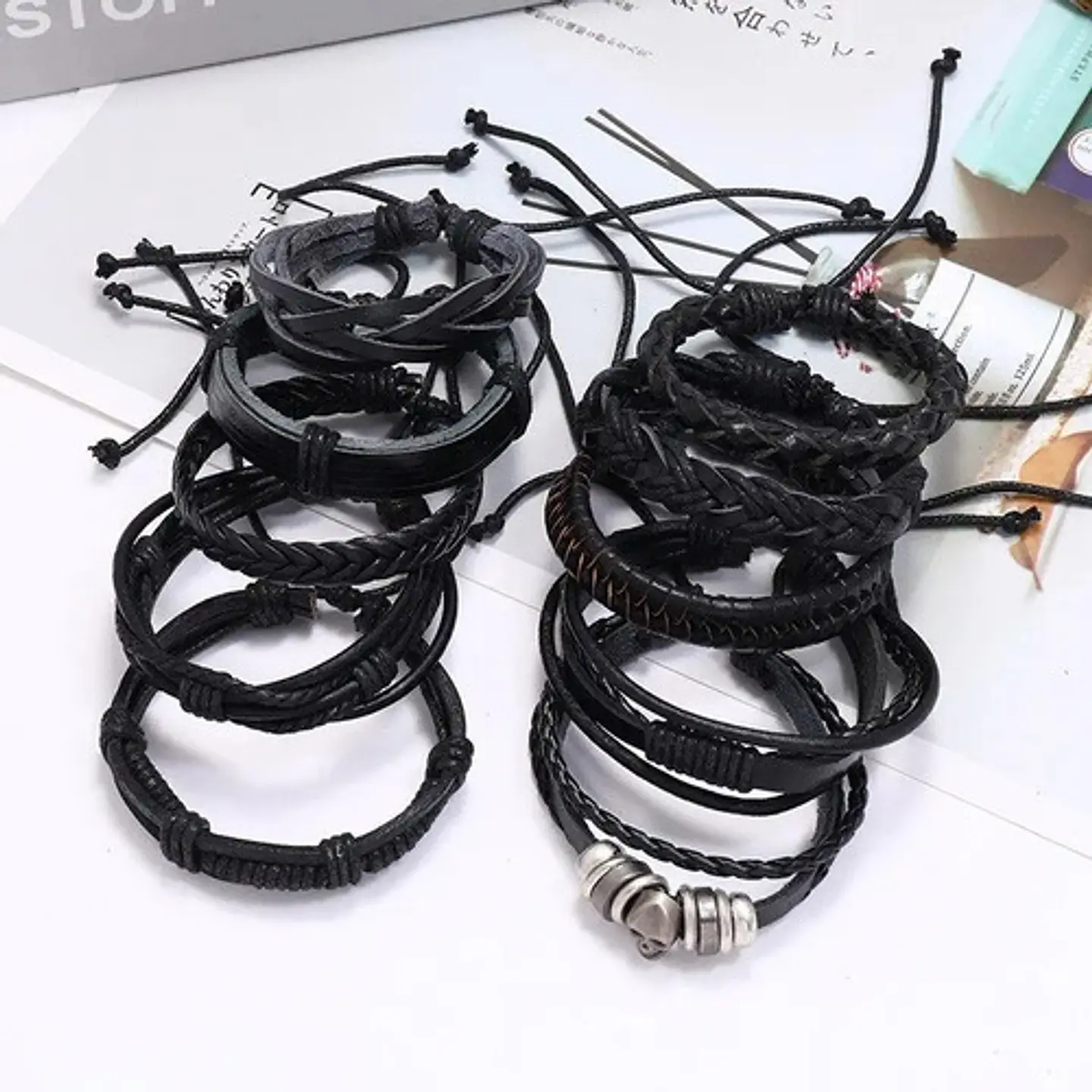 Set 10 unds Manillas de cuero para hombre Pulsera Calavera Craneo 5