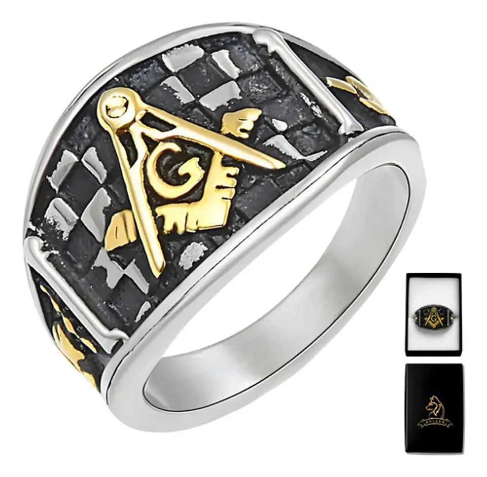 Anillo Para Hombre Masonería Masón De Acero Color Plateado/dorado 1