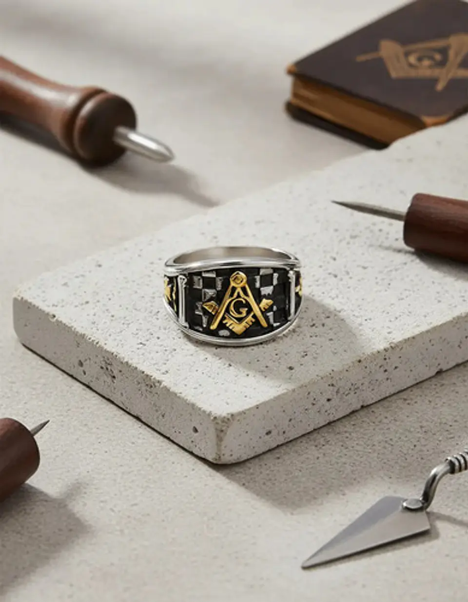 Anillo Para Hombre Masonería Masón De Acero Color Plateado/dorado 5