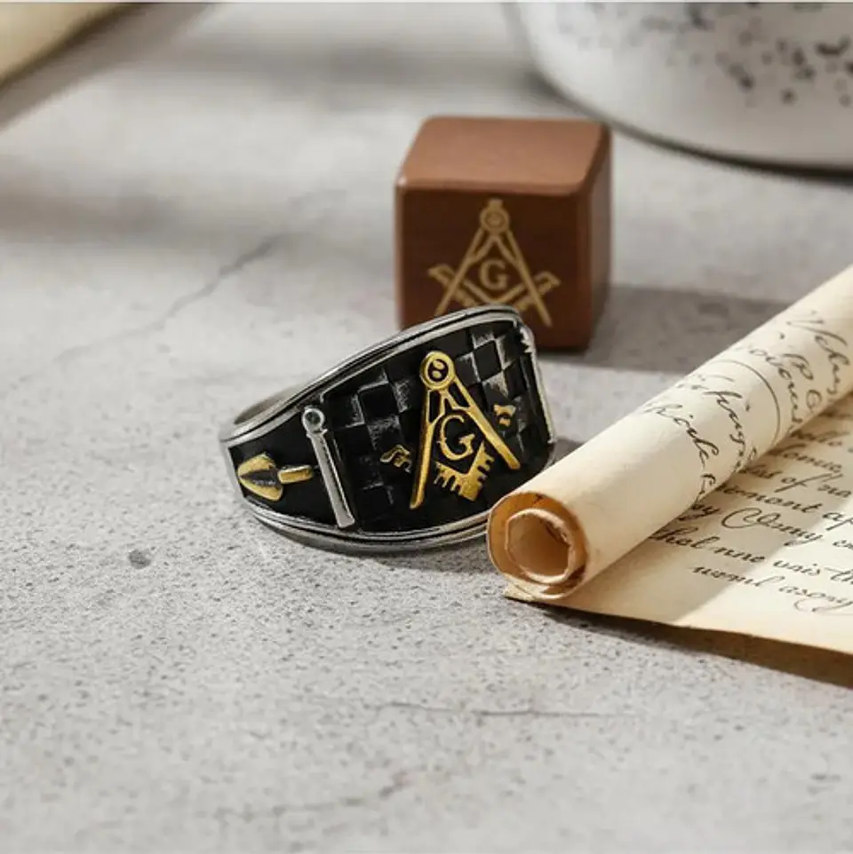 Anillo Para Hombre Masonería Masón De Acero Color Plateado/dorado 7