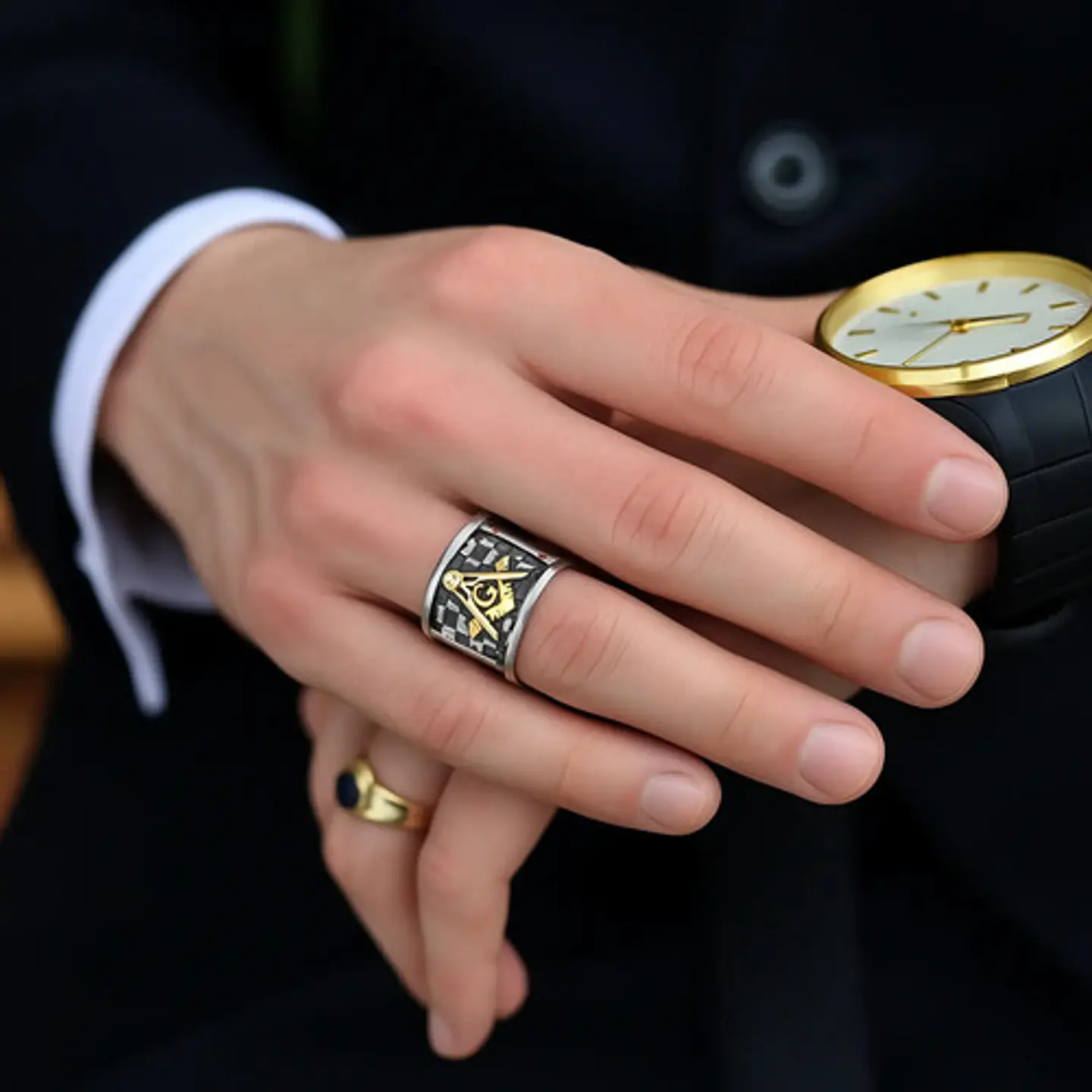 Anillo Para Hombre Masonería Masón De Acero Color Plateado/dorado 10