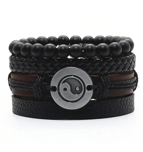 Pack X4 manillas en cuero para hombre y mujer Pulsera Brazalete Negro Yin Yang 