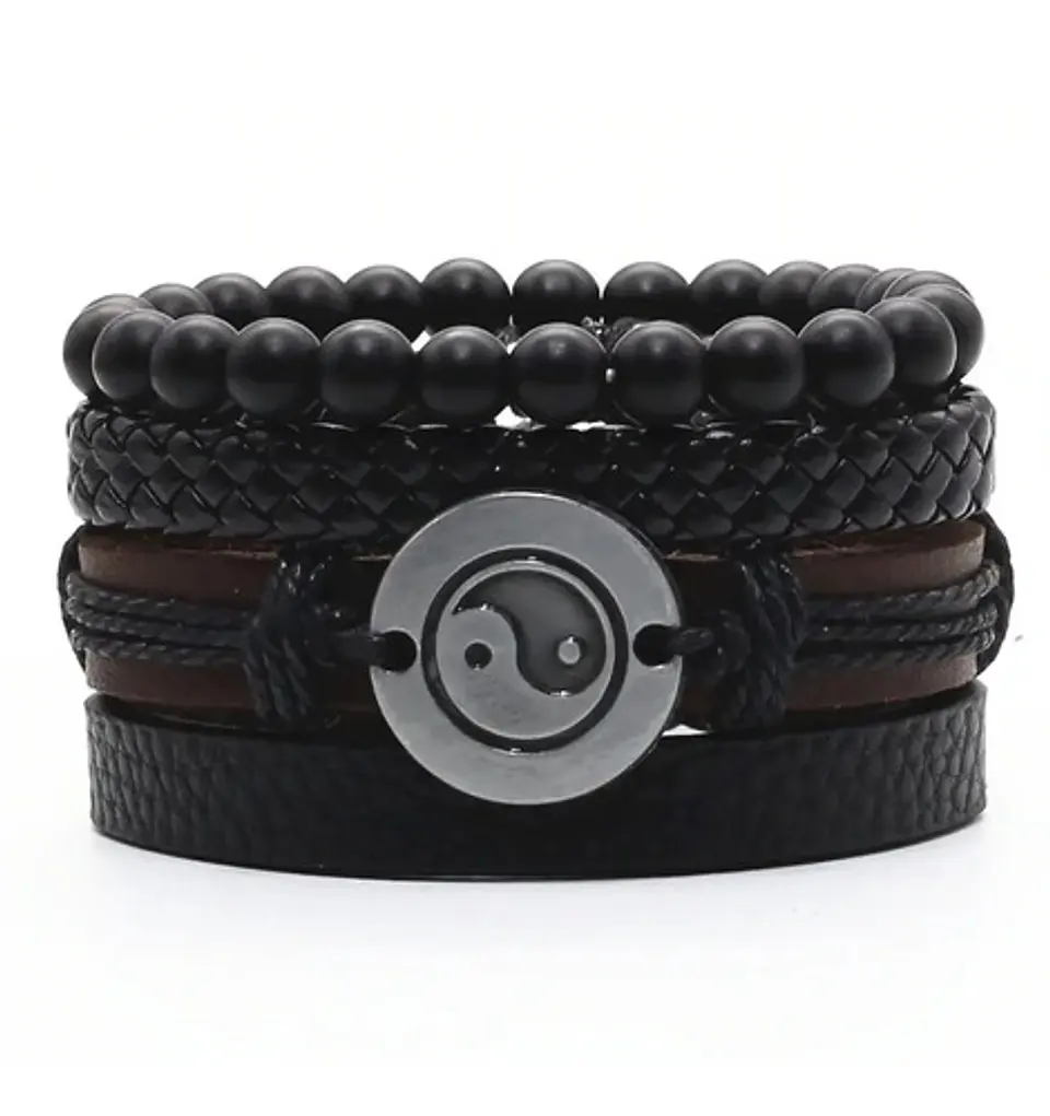Pack X4 manillas en cuero para hombre y mujer Pulsera Brazalete Negro Yin Yang  1