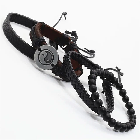 Pack X4 manillas en cuero para hombre y mujer Pulsera Brazalete Negro Yin Yang 