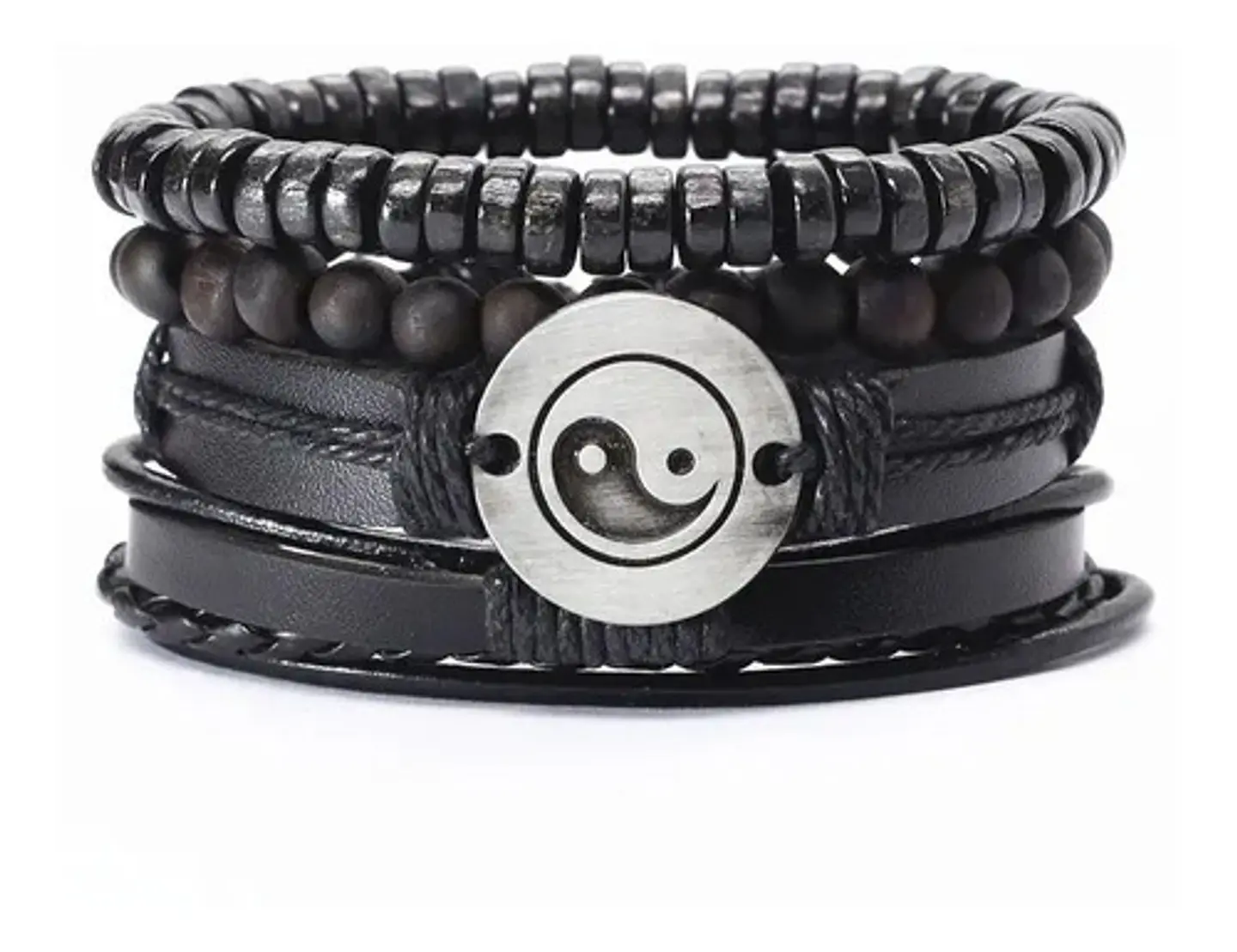 Pack X4 manillas en cuero para hombre y mujer Pulsera Brazalete Negro Yin Yang  3