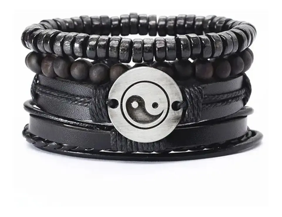 Pack X4 manillas en cuero para hombre y mujer Pulsera Brazalete Negro Yin Yang  3