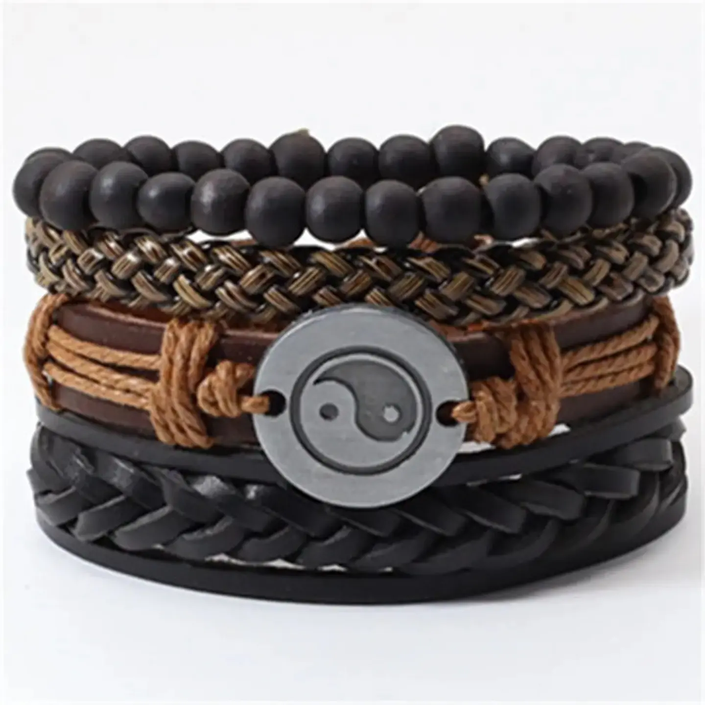 Pack X4 manillas en cuero para hombre y mujer Pulsera Brazalete Negro Yin Yang  4