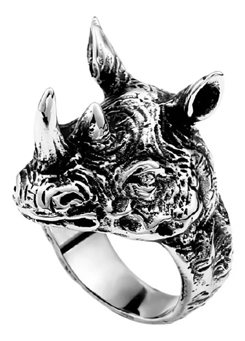 Anillo plateado en Acero para hombre forma de cabeza de Rinoceronte