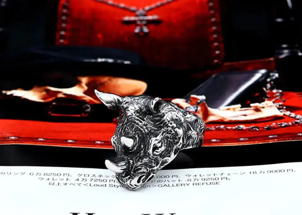 Anillo plateado en Acero para hombre forma de cabeza de Rinoceronte 5