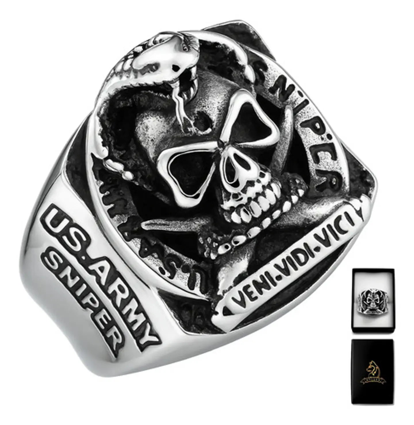 Anillo militar en Acero para hombre Cráneo ONE SHOT ONE KILL 1