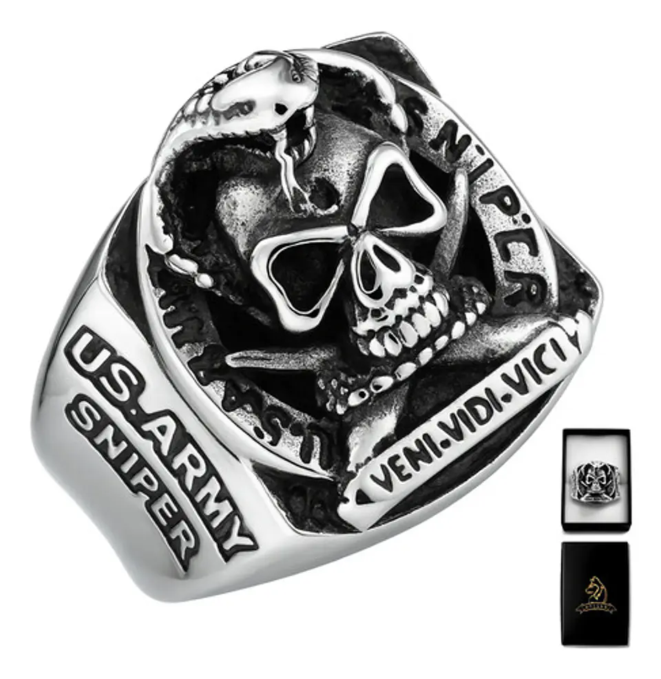 Anillo militar en Acero para hombre Cráneo ONE SHOT ONE KILL 1
