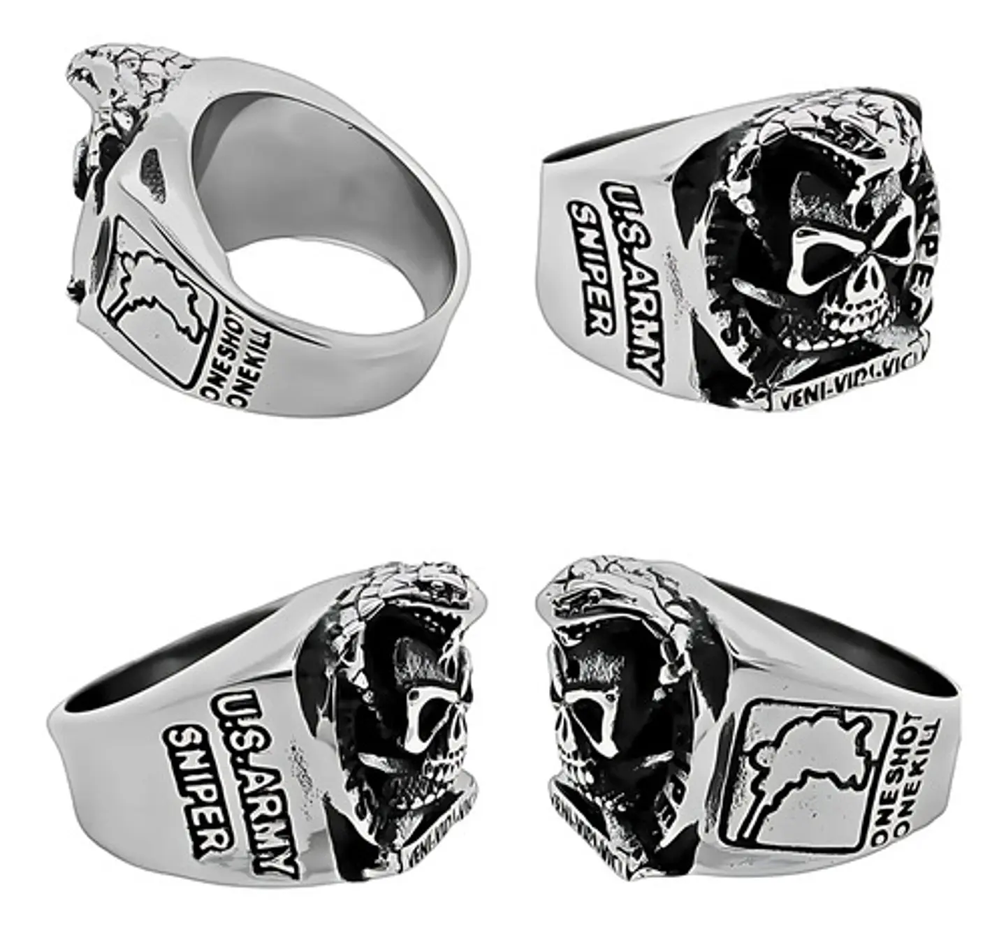 Anillo militar en Acero para hombre Cráneo ONE SHOT ONE KILL 2