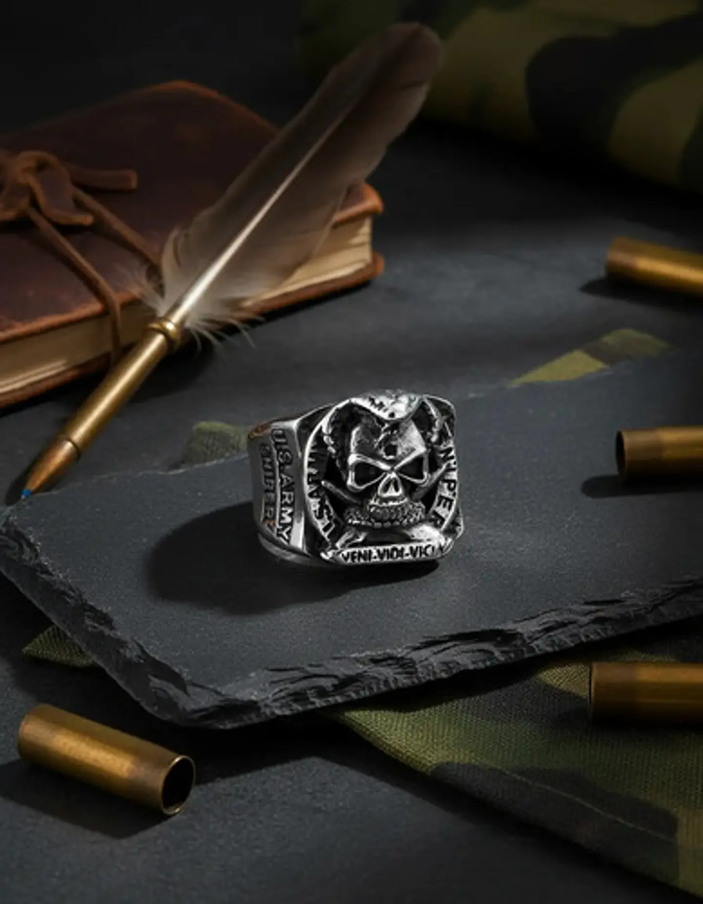 Anillo militar en Acero para hombre Cráneo ONE SHOT ONE KILL 4