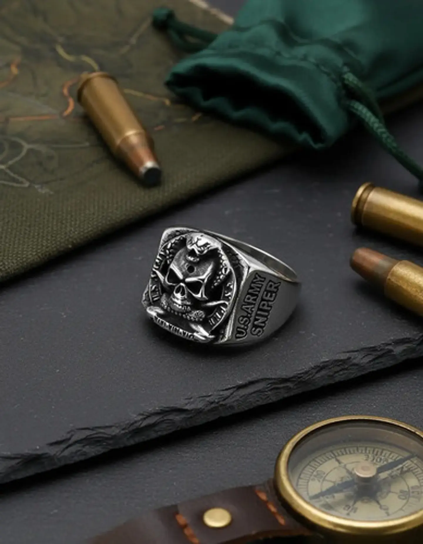 Anillo militar en Acero para hombre Cráneo ONE SHOT ONE KILL 5