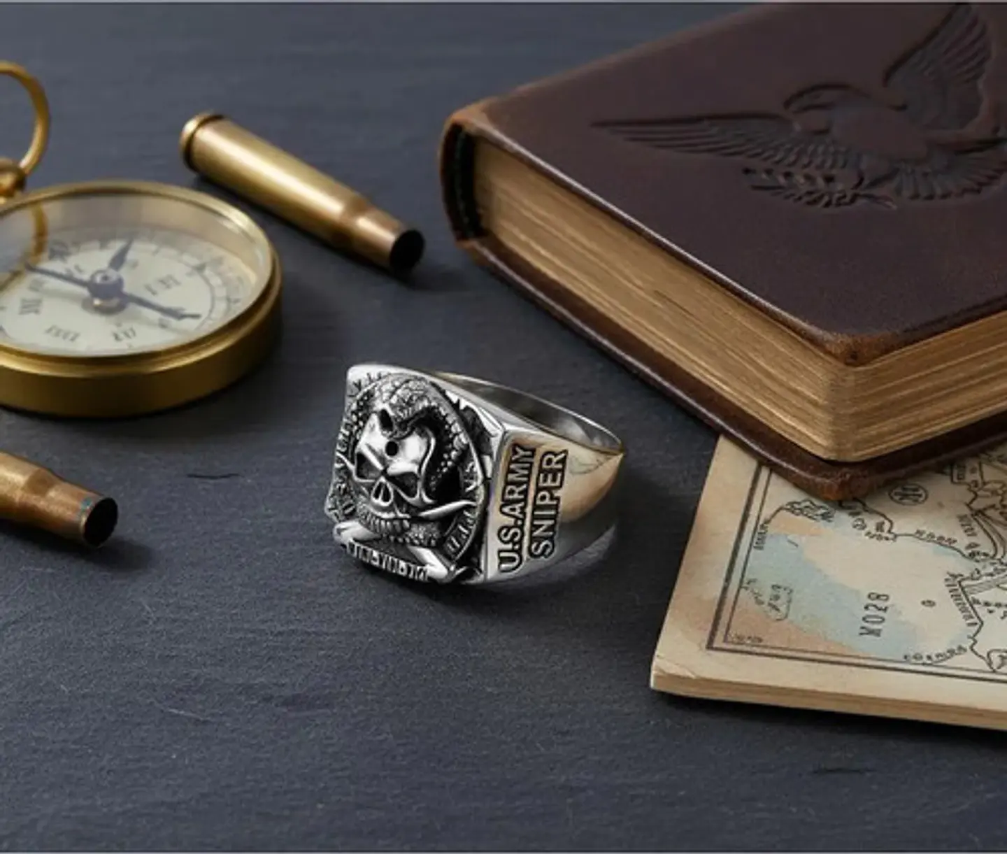 Anillo militar en Acero para hombre Cráneo ONE SHOT ONE KILL 8