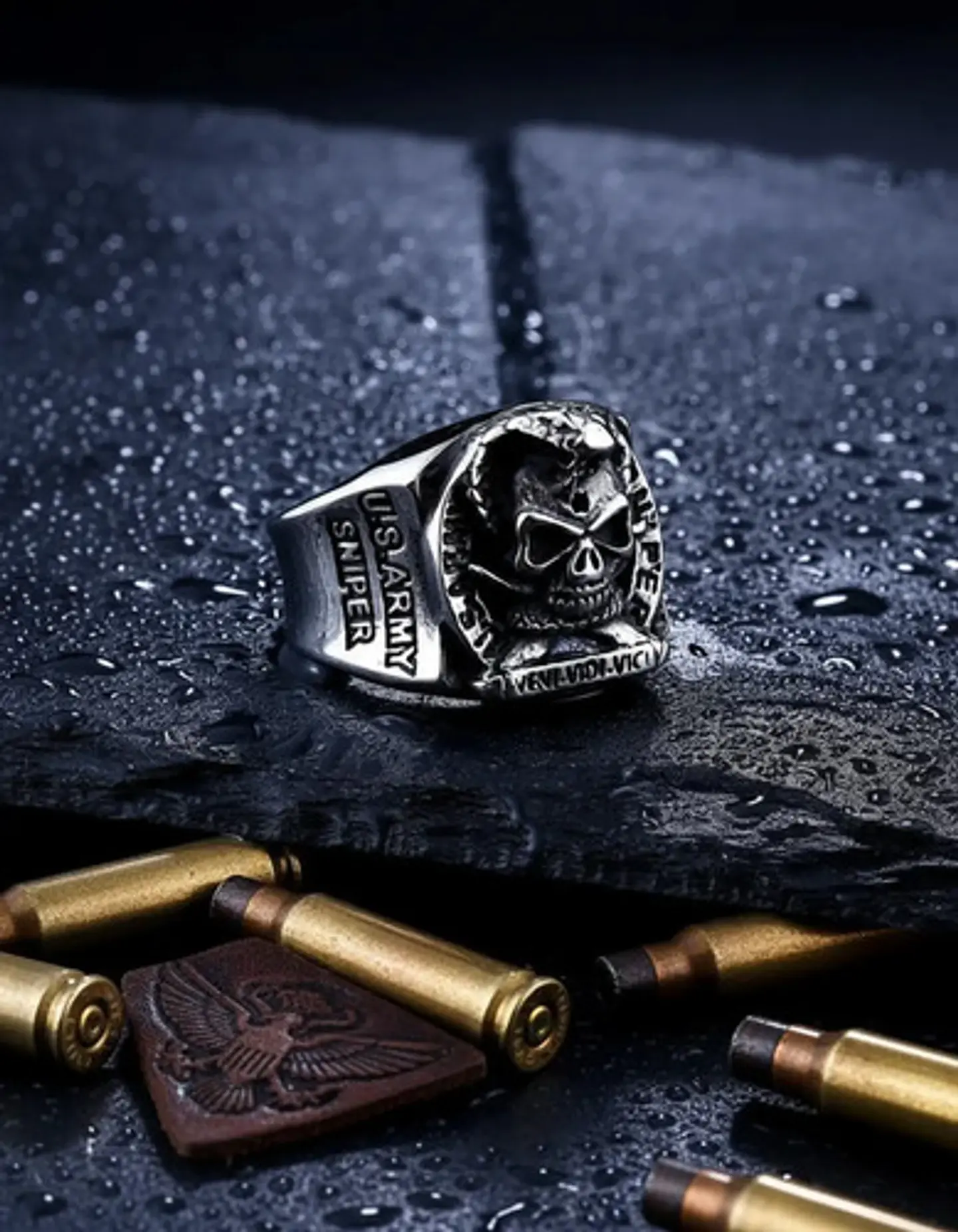 Anillo militar en Acero para hombre Cráneo ONE SHOT ONE KILL 9