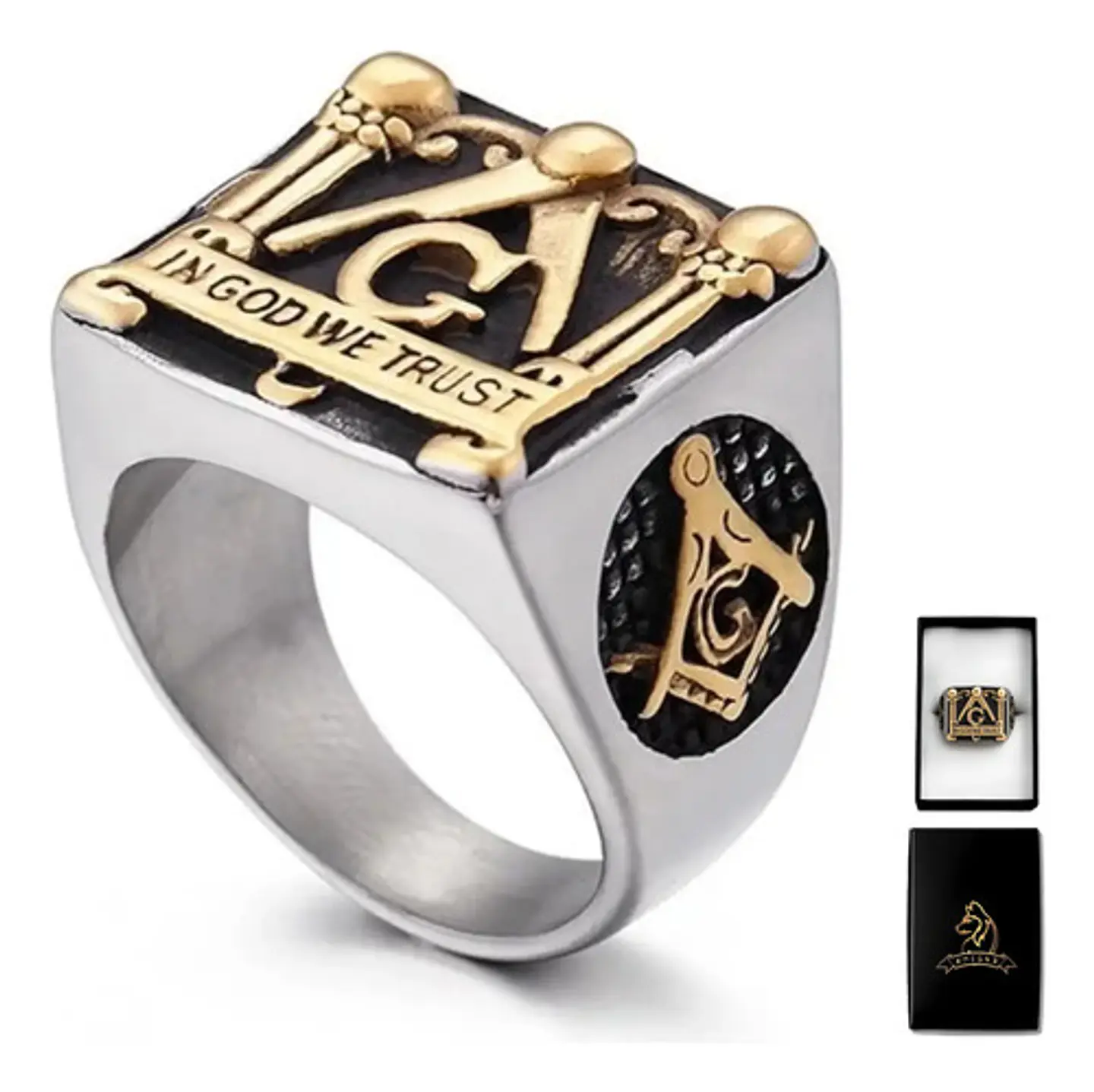 Anillo en Acero para hombre símbolo escuadra Mason Masoneria bicolor 1