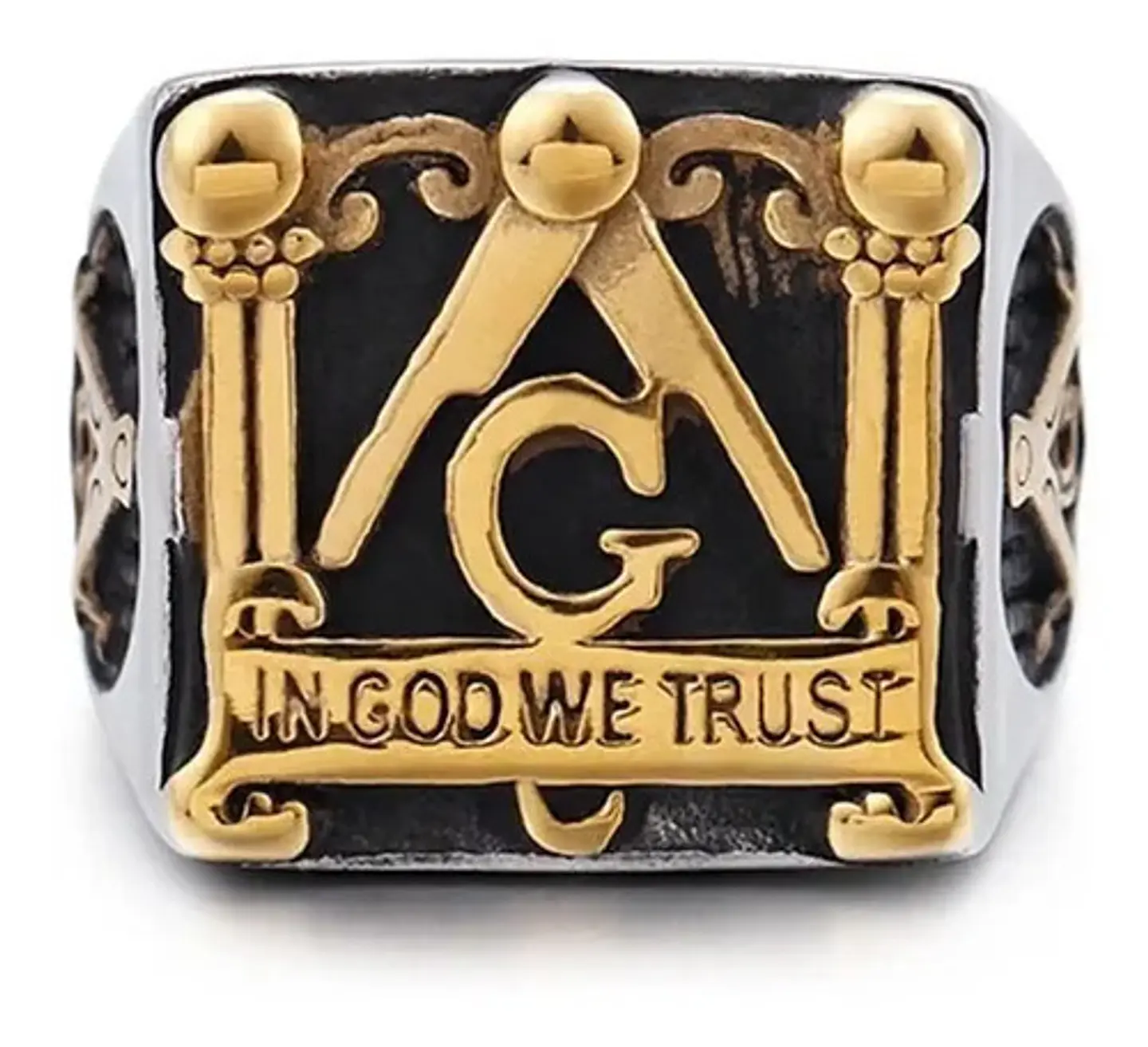 Anillo en Acero para hombre símbolo escuadra Mason Masoneria bicolor 2